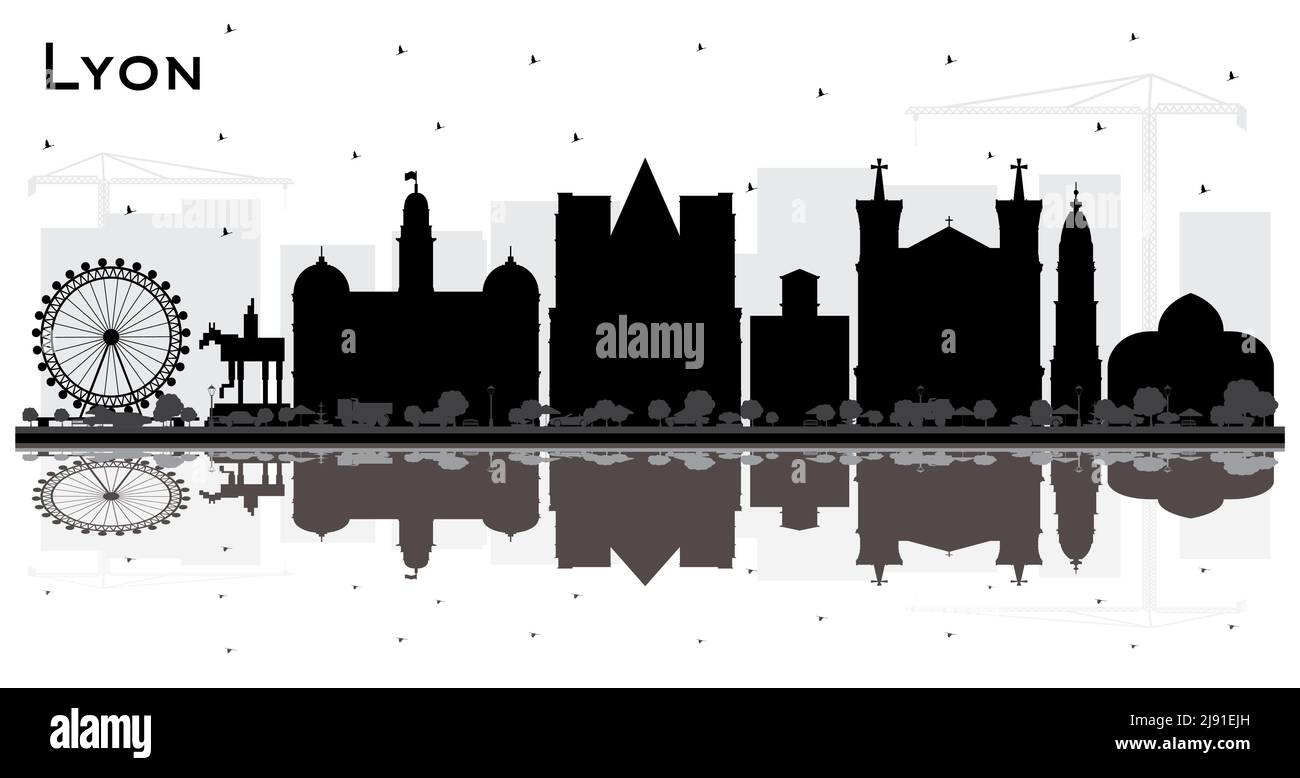 Lyon France City Skyline Silhouette con edifici neri e riflessi isolati su bianco. Illustrazione vettoriale. Viaggi d'affari. Illustrazione Vettoriale