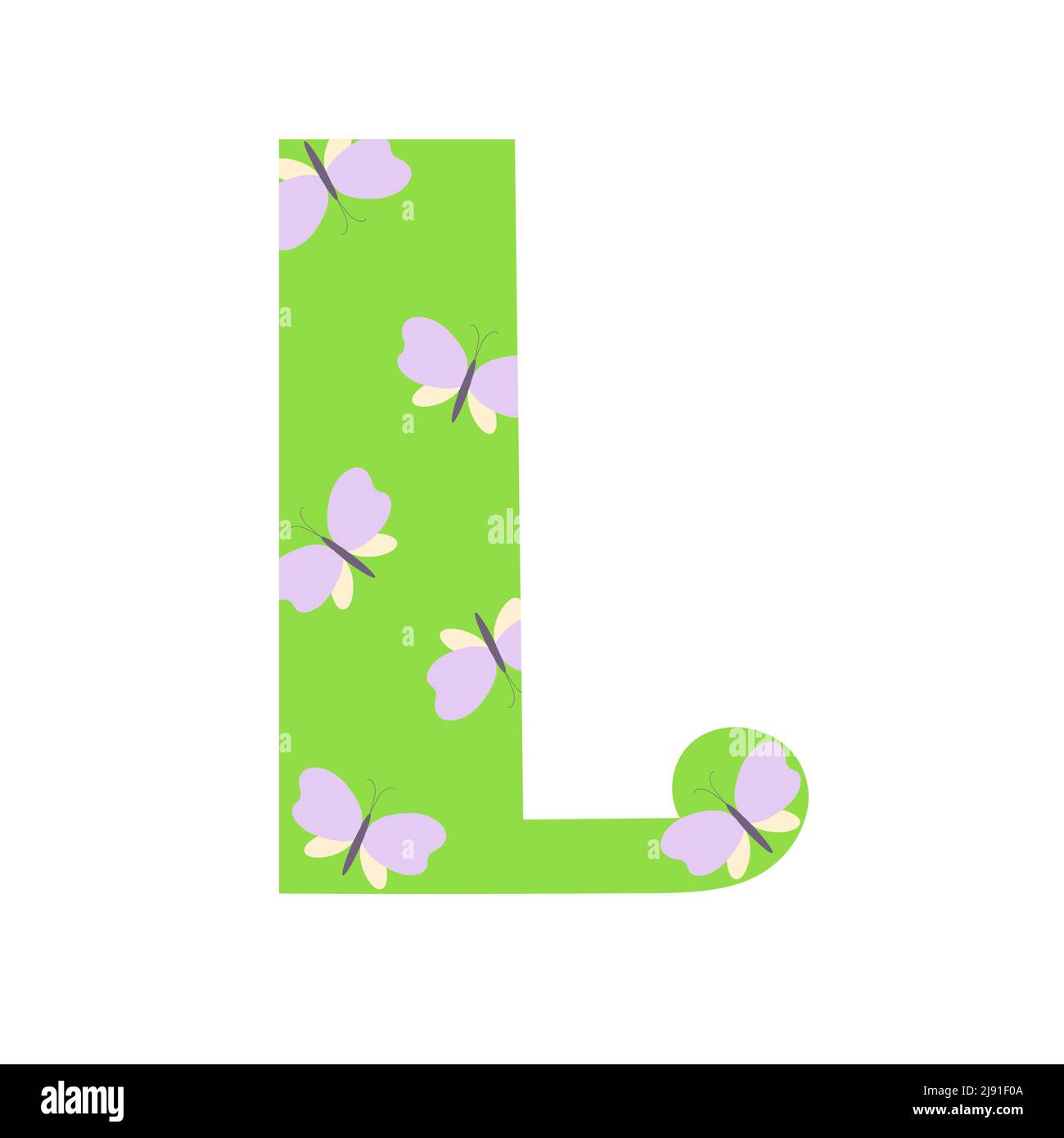 Capitale verde brillante decorato con farfalle primavera lettera disegnata a mano L di alfabeto inglese semplice cartoon stile illustrazione vettoriale, calligrafica abc, carino divertente scrittura a mano, scarabeo e lettere Illustrazione Vettoriale