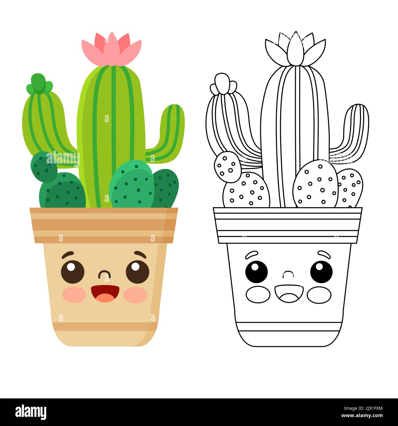 Colorazione vettoriale per bambini. Set di cactus carino e succulenti in pentole. Contorno bianco e nero Illustrazione Vettoriale