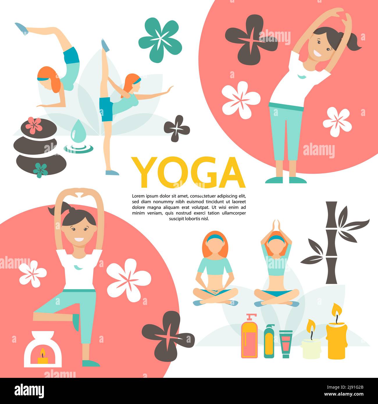 Yoga piatto e poster armonia con le ragazze che si esercitano in diversi posa fiori spa prodotti cosmetici candele pietre bambù vettore illustrazione Illustrazione Vettoriale