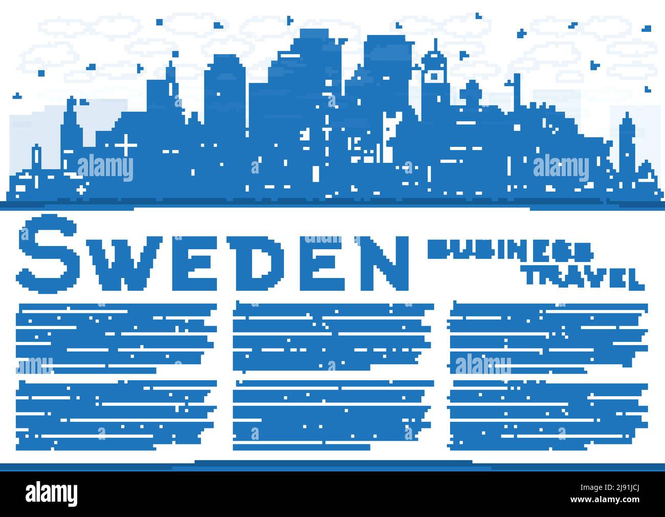 Benvenuti in Svezia. Delimita lo skyline della città con edifici blu e spazio per la copia. Illustrazione vettoriale. Architettura storica. Paesaggio urbano svedese con Landmark Illustrazione Vettoriale