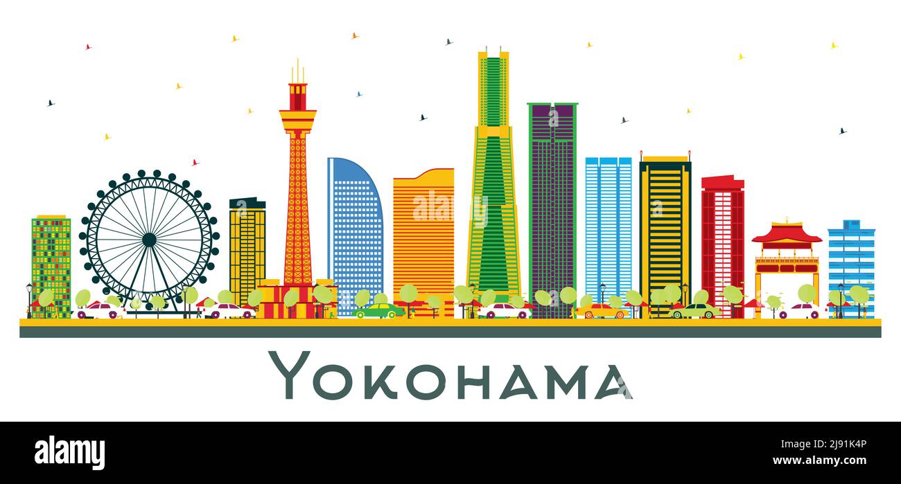 Yokohama Japan City Skyline con edifici a colori isolati su White. Illustrazione vettoriale. Concetto di viaggio d'affari e di turismo con architettura moderna. Illustrazione Vettoriale