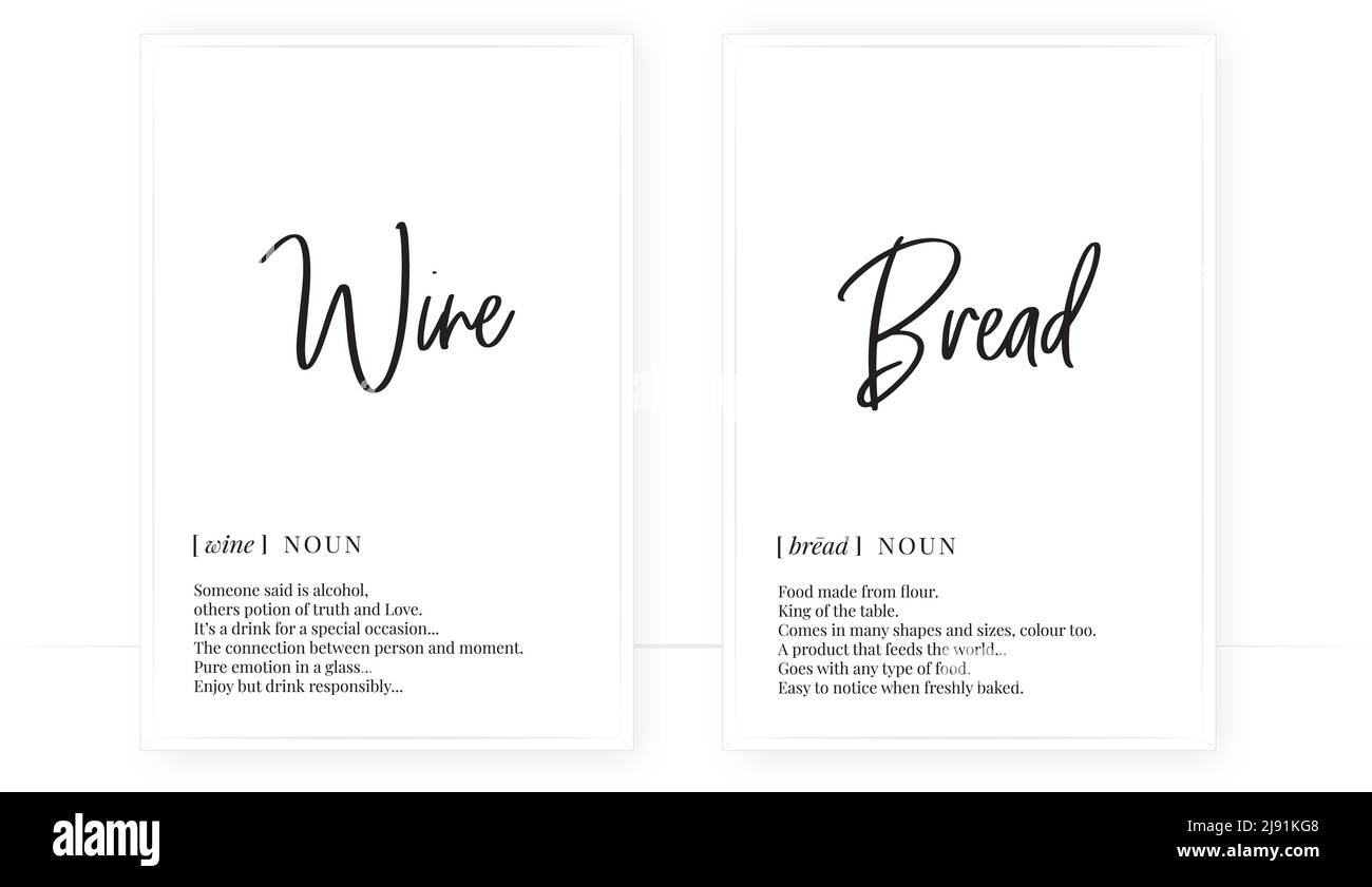 Definizione di vino e pane, vettore. Design minimalista a baldacchino. Decalcomanie parete, descrizione sostantivo. Wording Design isolato su sfondo bianco, lettere Illustrazione Vettoriale