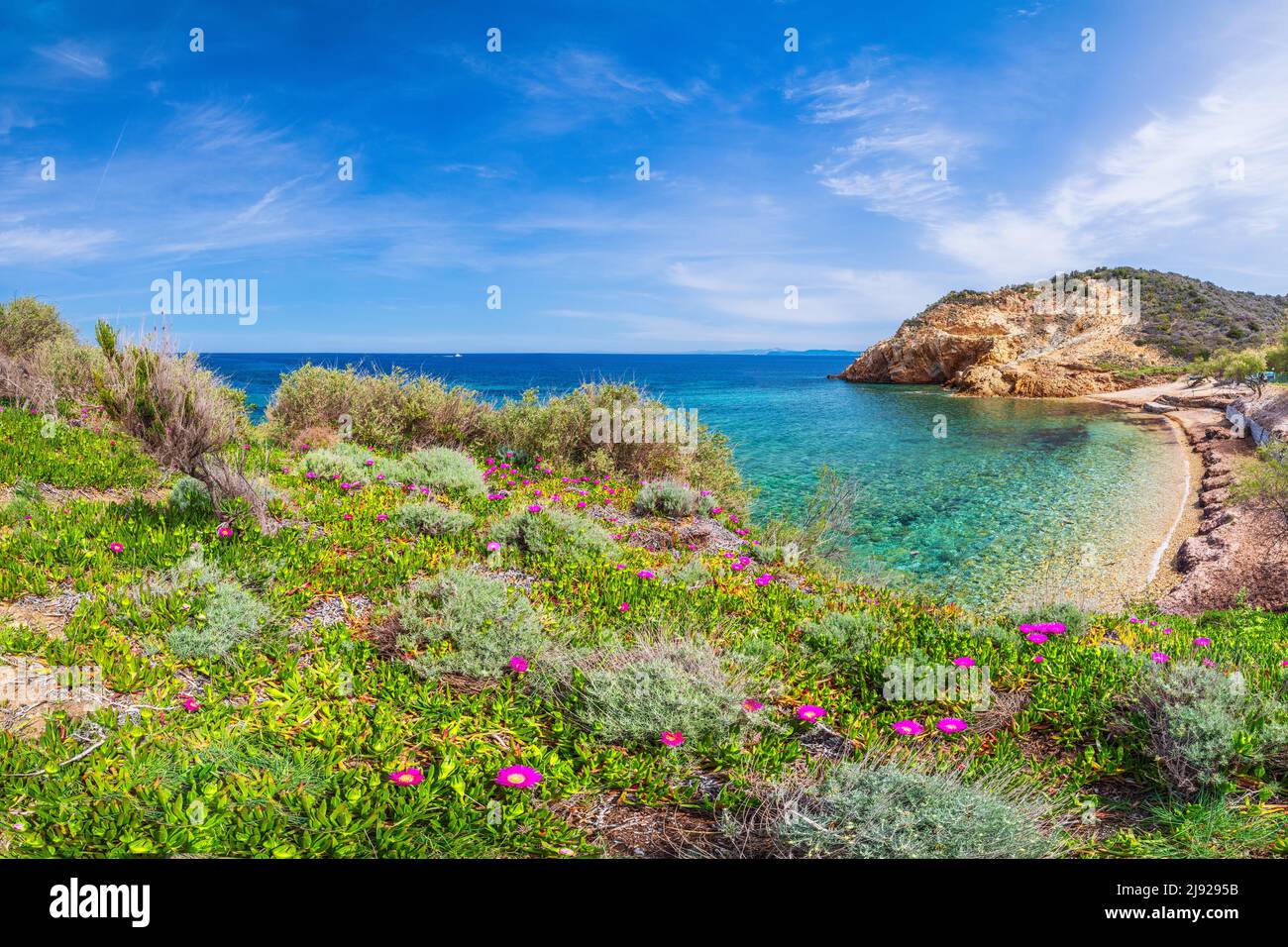 Vista sulla baia di Acquaviva, Arcipelago Toscano, Isola d'Elba, Provincia di Livorno, Toscana, Italia Foto Stock