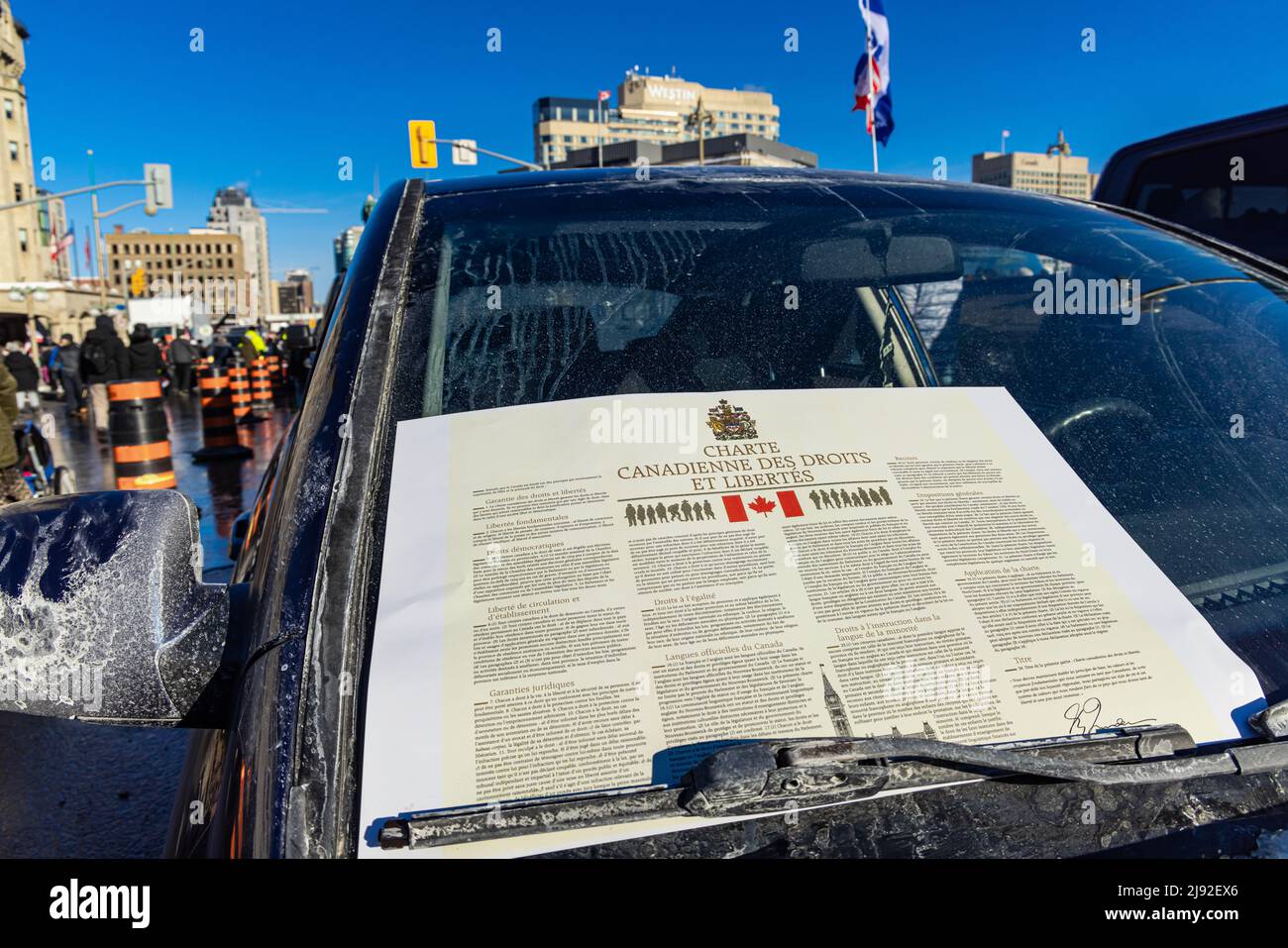 OTTAWA, ONTARIO, CANADA: 29th gennaio 2022: La carta canadese dei diritti e delle libertà sul parabrezza dell'automobile durante la protesta di restrizioni anti-covid. Foto Stock
