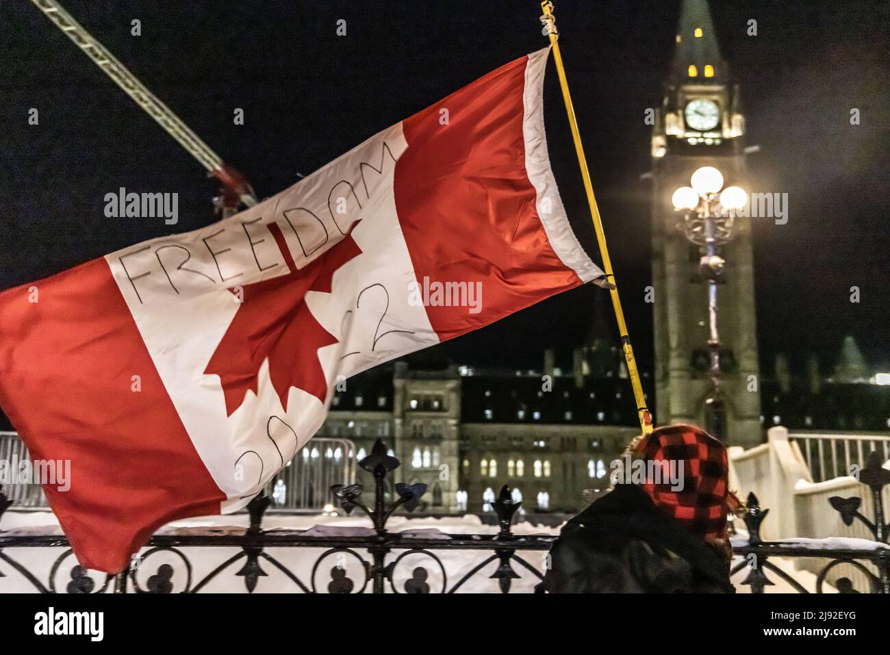 OTTAWA, ONTARIO, CANADA: 28th gennaio 2022: L'attivista è visto dal retro sventolare bandiera canadese vicino alla Torre della Pace, collina del Parlamento durante il convoglio della libertà. Foto Stock