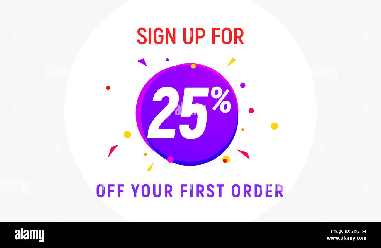 Codice coupon sconto segno in su offerta pubblicitaria. Sconto promozione tag flyer 25% di sconto promozione Illustrazione Vettoriale