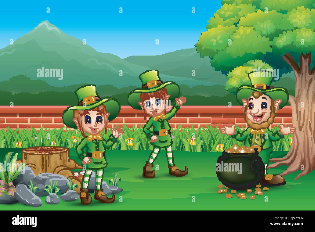 Cartoon leprechaun nel parco per sfilata di felice festa di San Patrizio Illustrazione Vettoriale