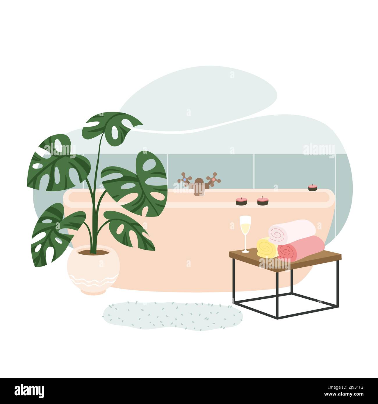 Bagno interno di lusso con mobili in casa appartamento o hotel, pianta vicino vasca Illustrazione Vettoriale