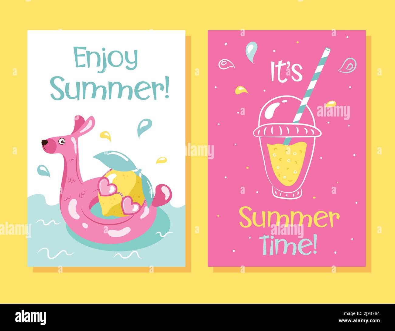 Colorati banner estivi allestiti con spiaggia di mare. Belle cartoline estive, poster, volantini, inviti alle feste. Testo estate, raccolta di modelli. Illustrazione Vettoriale