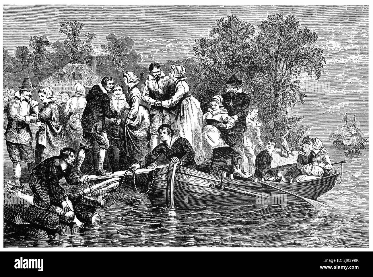 Incisione dell'arrivo delle mogli dei coloni di Jamestown, fondata nel 1607 come un posto di commercio e il primo insediamento inglese permanente in America, pubblicato circa 1890 Foto Stock