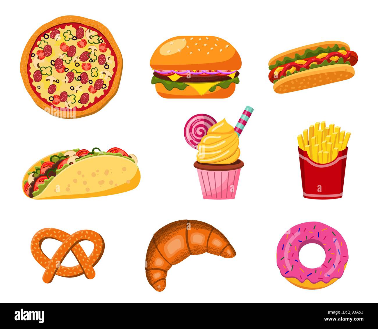 Una serie di illustrazioni di fast food: Pizza e tacos, hamburger, hot dog. Cibo tradizionale da asporto in una catena di fast food Illustrazione Vettoriale