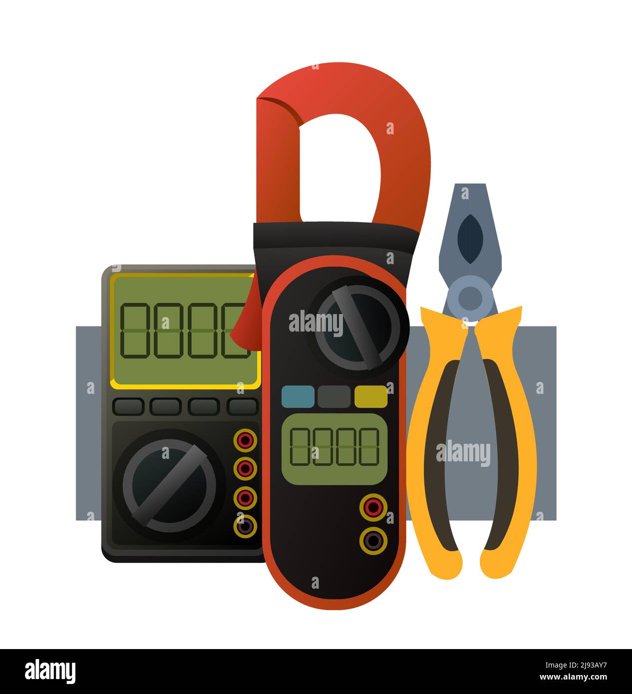 Attrezzi per elettricista. Riparazione di apparecchiature radio elettroniche e a microprocessore. Componenti di ricambio e assistenza. Isolato su sfondo bianco. Canta Illustrazione Vettoriale
