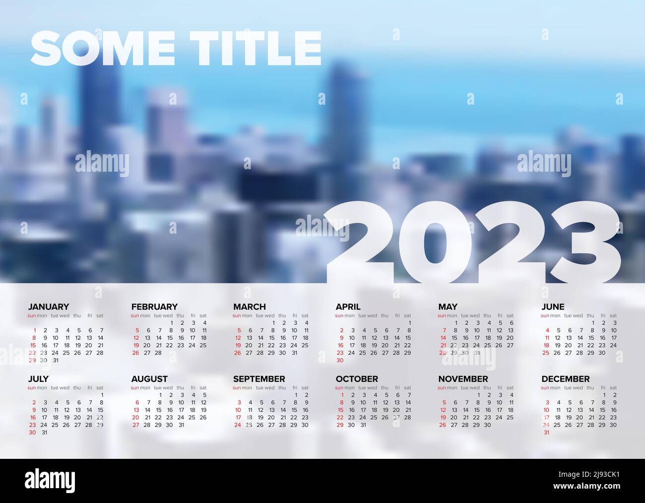 Modello di layout vettoriale per calendario bianco per l'anno 2023 (settimane strart domenica) con posto per la tua foto. Modello leggero con tutti i mesi di calendario - sim Illustrazione Vettoriale