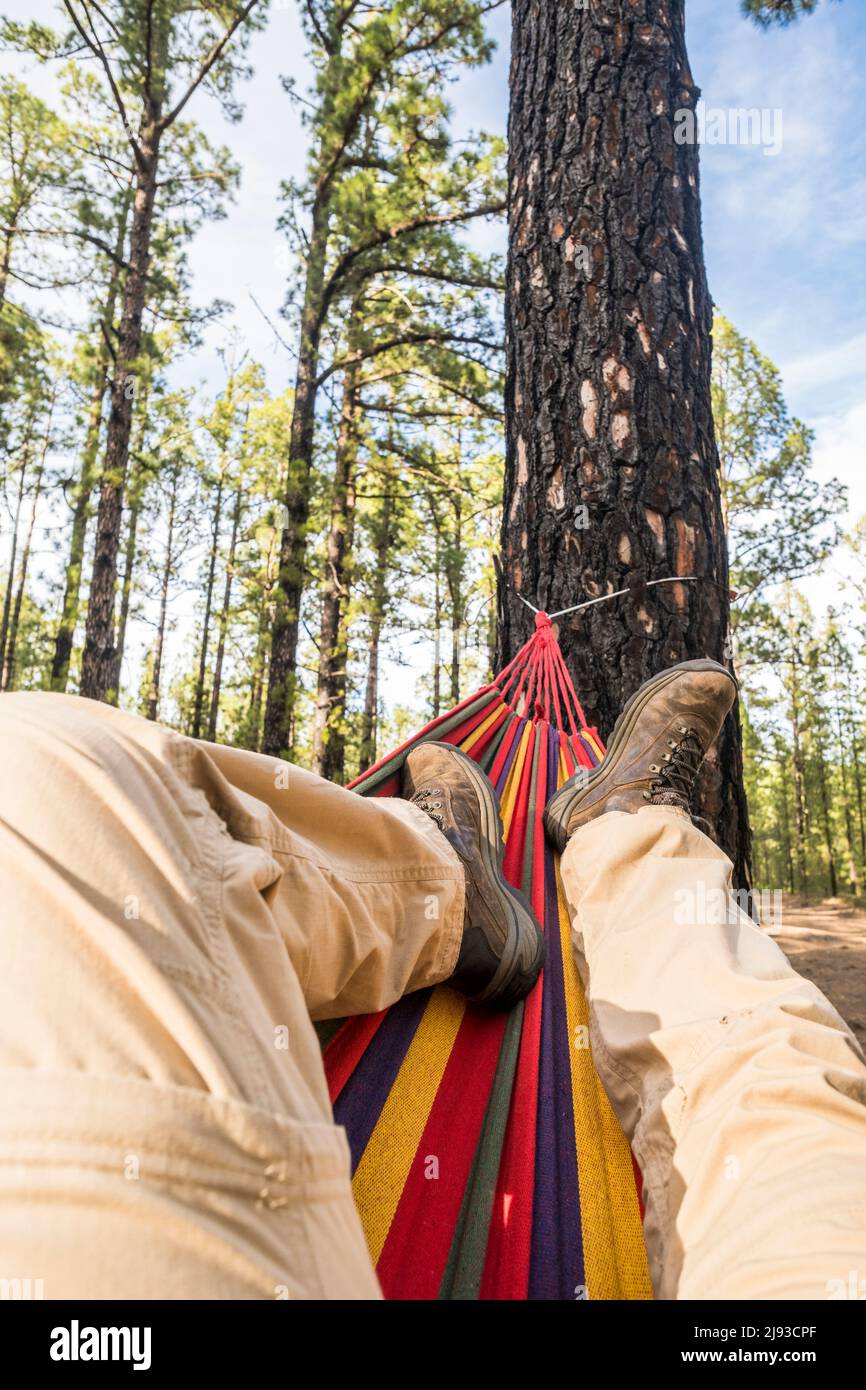 Gli uomini si rilassano su gambe di amaca pov con alberi alti e boschi parco forestale in background - persone libere godere ambiente natura e avventura di viaggio più vita Foto Stock