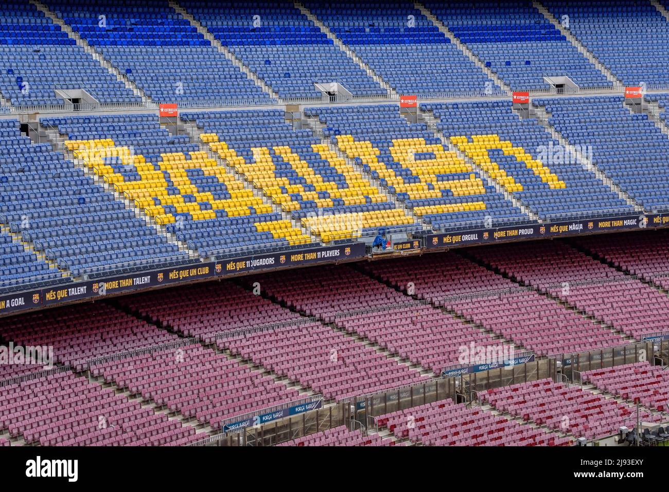 Stadio Camp Nou, lo stadio del FC Barcelona, visto dalla tribuna (Barcellona, Catalogna, Spagna) ESP: Estadio del Camp Nou, el campo de FC Barcelona Foto Stock