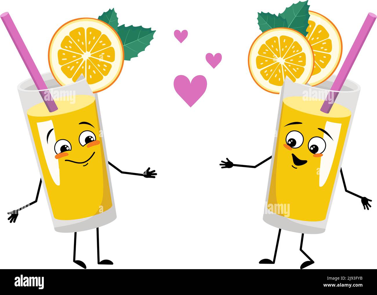 Frullato arancione con carattere di frutta e paglia con emozioni d'amore, viso sorriso, braccia e gambe. Bevanda sana in vetro con espressione e posa divertenti. Illustrazione piatta vettoriale Illustrazione Vettoriale