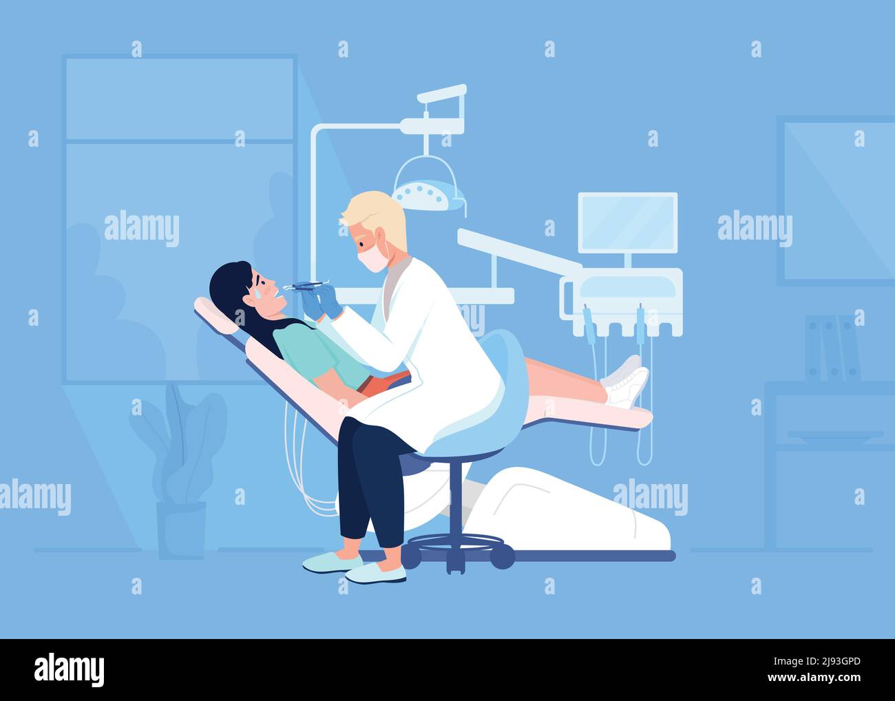 Donna spaventata in sedia dentista durante l'esame disegno vettoriale a colori piatto Illustrazione Vettoriale