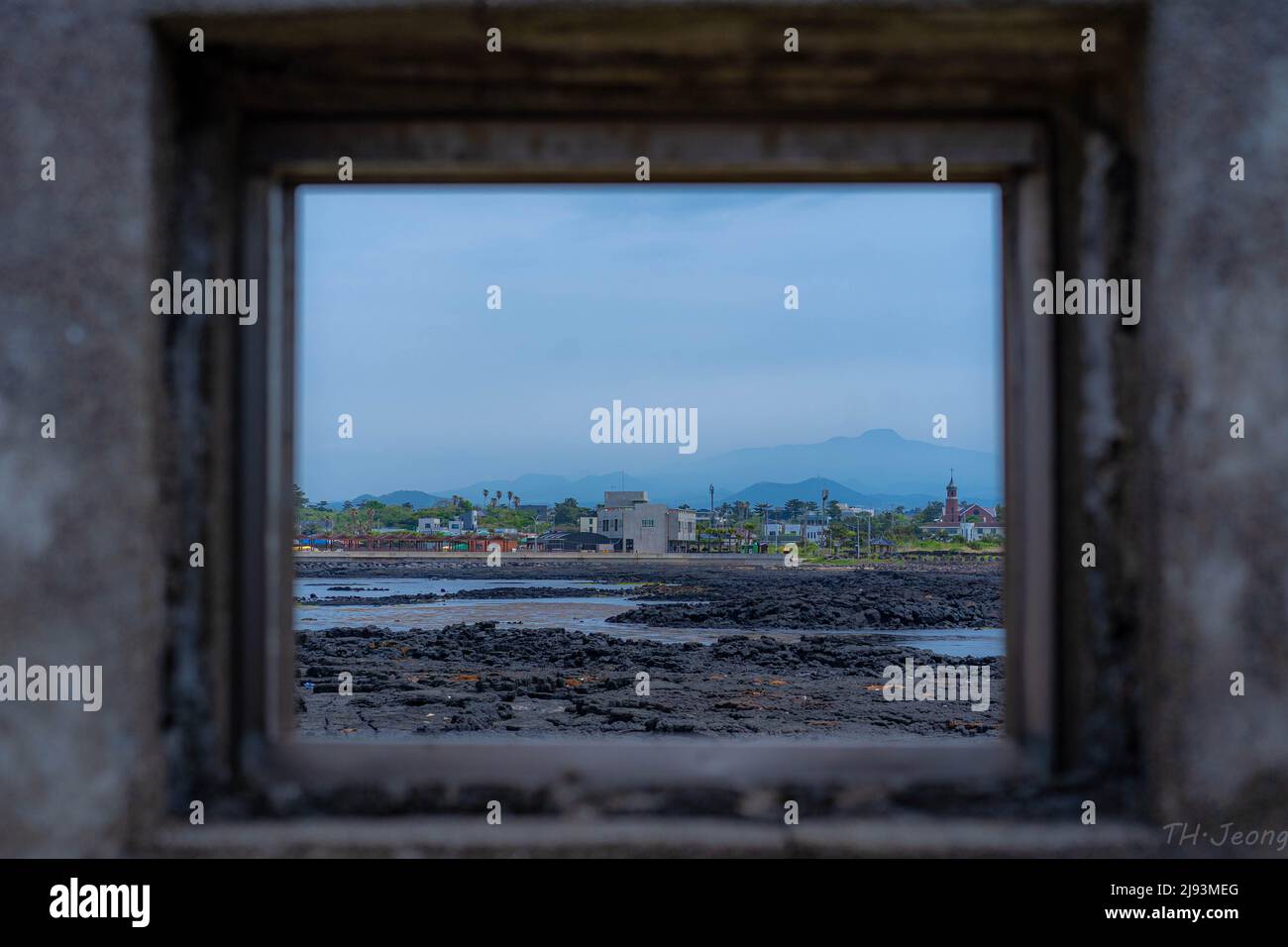 vista della finestra sull'isola di jeju Foto Stock