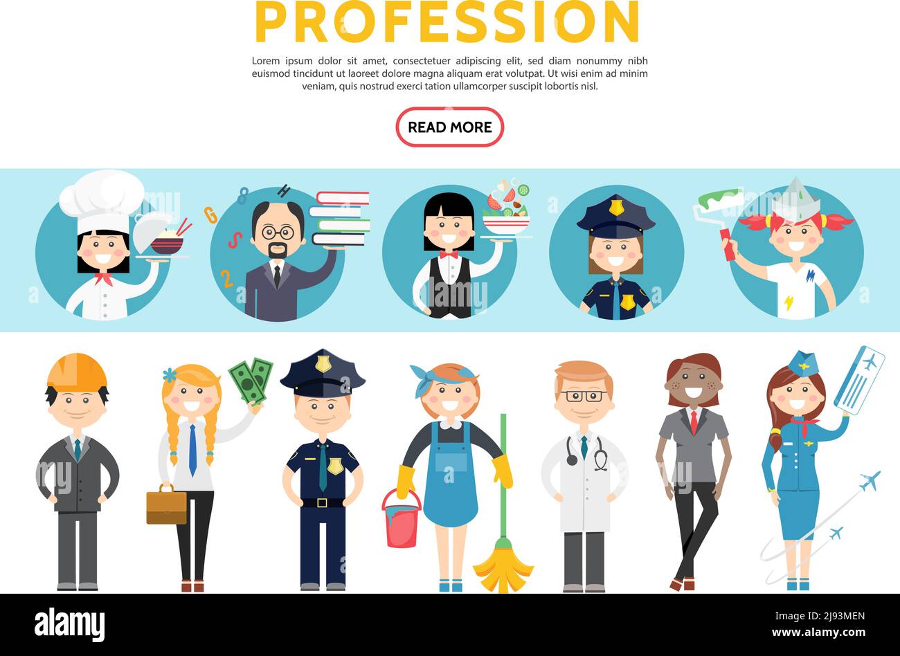Professioni piatte insieme con ingegnere contabile polizia ufficiali cameriera medico stylist stewardess cuoco insegnante cameriera pittore isolato vettore illustratio Illustrazione Vettoriale
