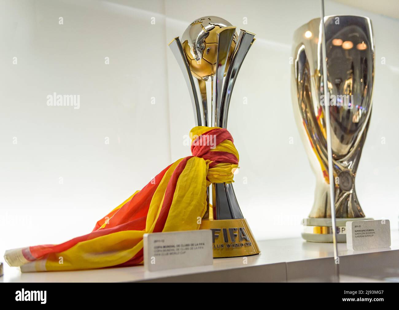 Museo del FC Barcelona, nello stadio Camp Nou. FIFA Club World Cup e UEFA European Super Cup (Barcellona, Catalogna, Spagna) ESP: Museo del Bara Foto Stock