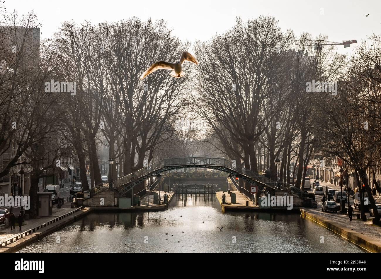 Canal Saint-Martin in inverno, Parigi, Francia Foto Stock