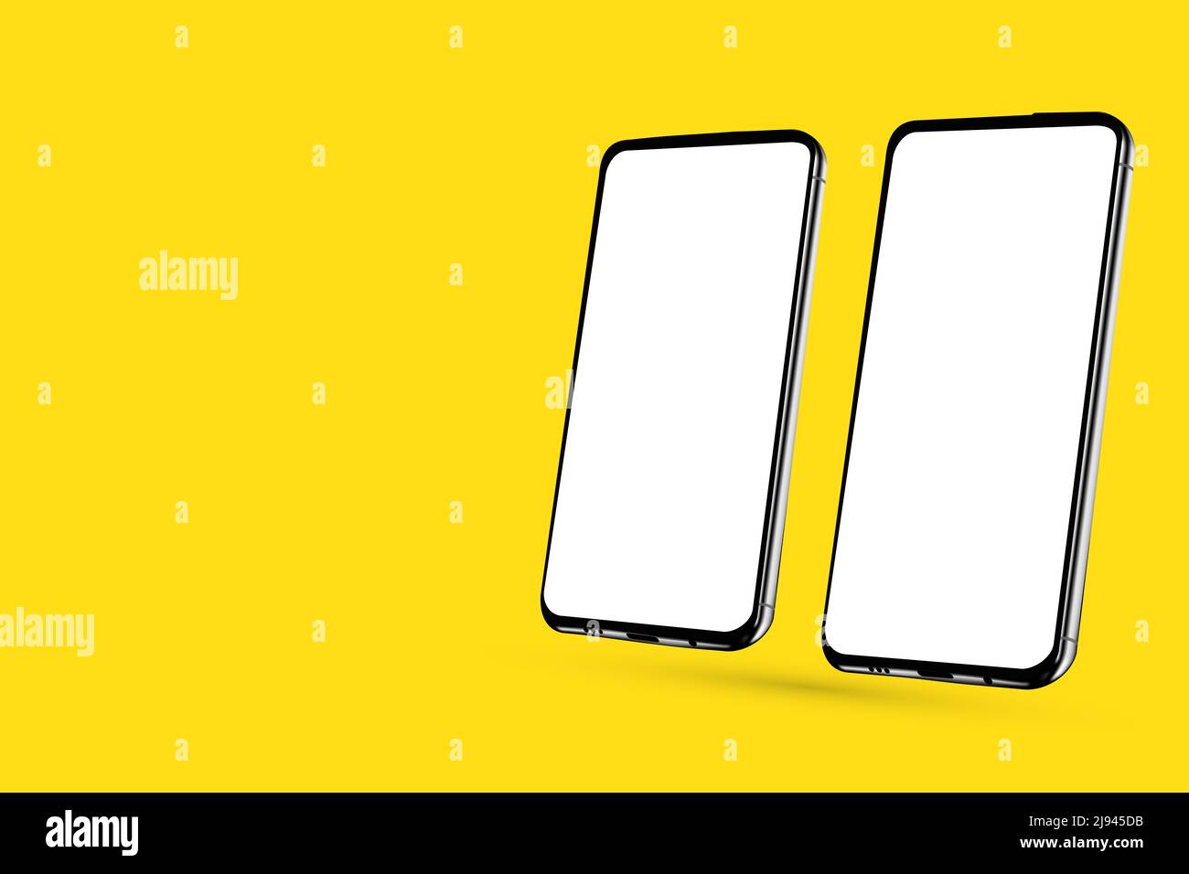 Modello realistico di due smartphone ad angolo ruotato per il web design, pagine web, banner, atterraggi, presentazioni. Vista prospettica Foto Stock