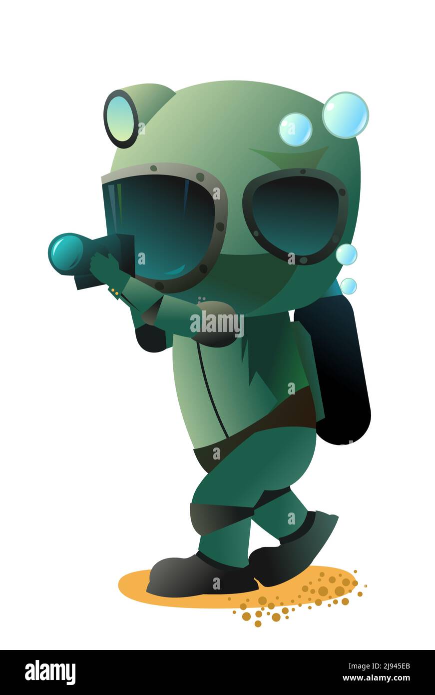 Subacqueo con attrezzatura subacquea retrò per scattare foto in movimento. Ragazzo in subacquea vestito fondo di stagno. Divertente stile cartoon. Sport estremi. Persona in lago o mare. È Illustrazione Vettoriale