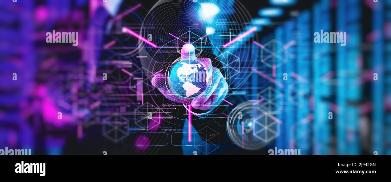 Metaverse digital cyber World Technology concept business successo lavorando con il suo team come concetto con interfaccia dashboard digitale virtuale con Th Foto Stock