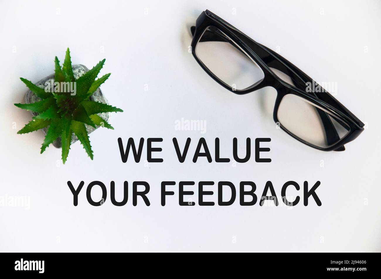 Vista dall'alto del testo con occhiali da lettura e piante in vaso su sfondo bianco - apprezziamo il tuo feedback. Concetto di feedback Foto Stock