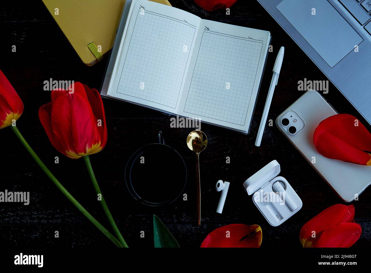 Posto di lavoro esteticamente indipendente. Blocco note mock up, computer portatile, telefono e cuffie tra tulipani. Lavoro online, ascolto di musica tramite cuffie, webinar, apprendimento della lingua, riunioni online in ufficio Foto Stock