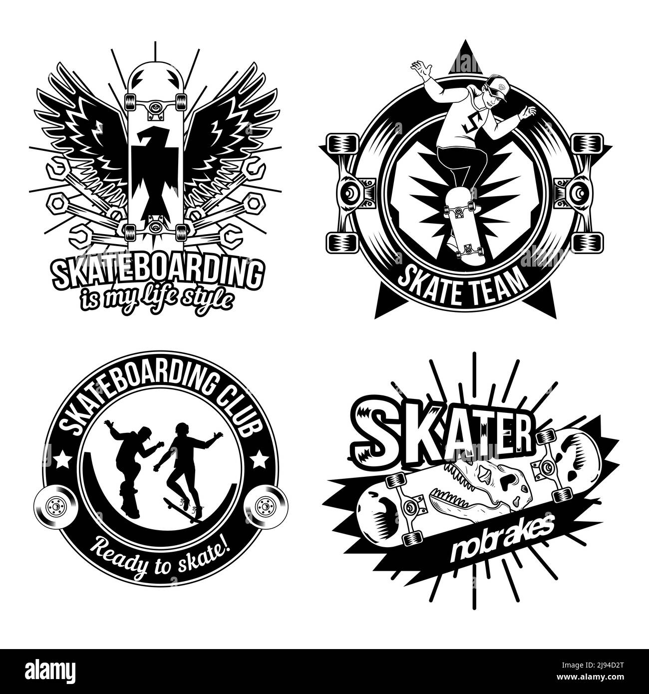 Set di emblemi, etichette, badge, loghi per skateboard. Isolato su bianco Illustrazione Vettoriale