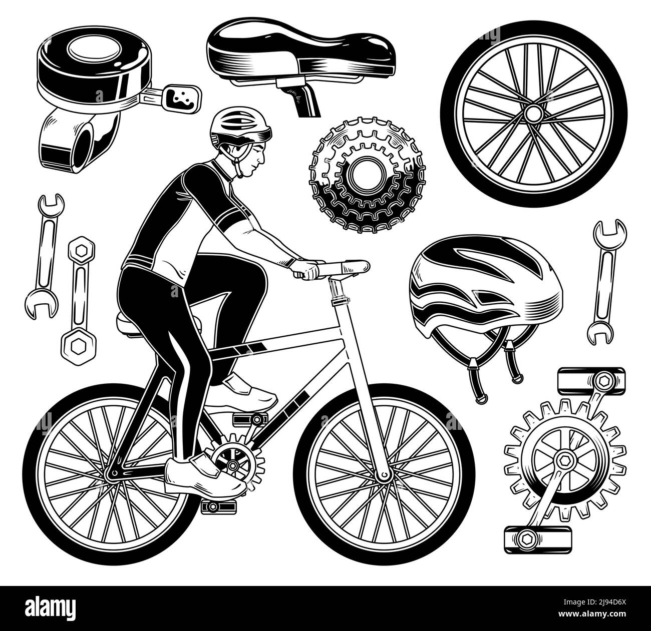 Set di elementi ciclista per la creazione di badge, logo, etichette, poster, ecc. isolati su bianco Illustrazione Vettoriale