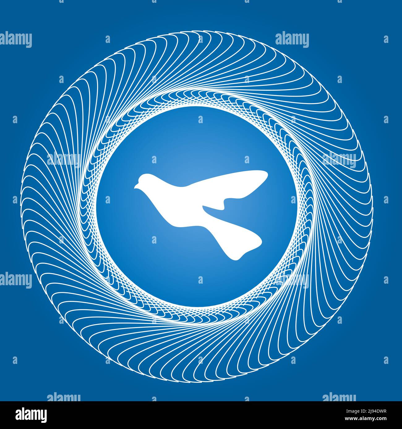 Simbolo di pace con un piccione bianco e bordo rotondo su sfondo blu sfumato, illustrazione vettoriale Illustrazione Vettoriale