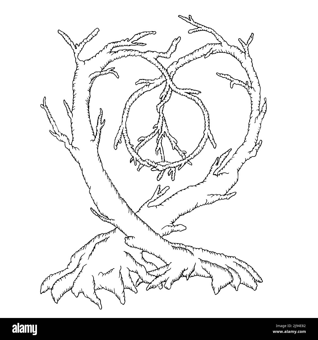 Due vecchi alberi insieme formano un cuore con un simbolo di pace, linea disegnante su uno sfondo bianco, illustrazione vettoriale Illustrazione Vettoriale