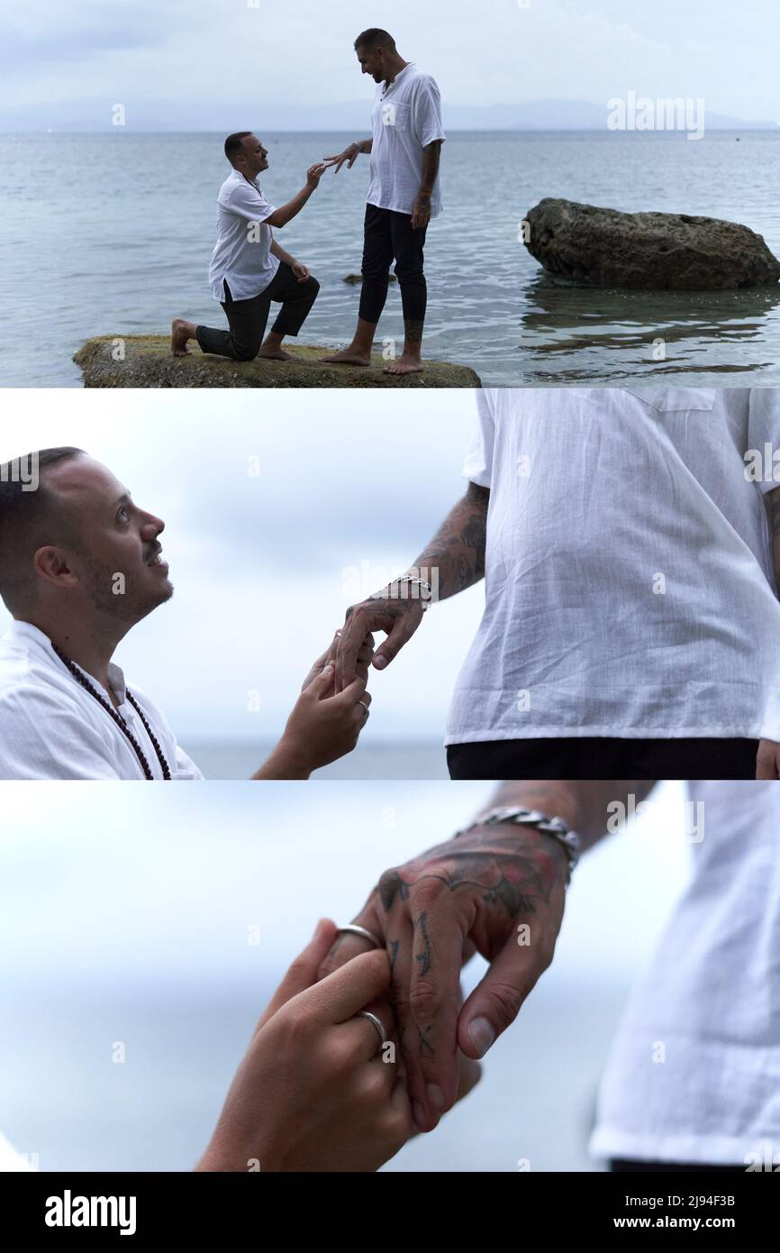 Sequenza di foto di un uomo che chiede al suo partner gay di sposarlo in mare Foto Stock