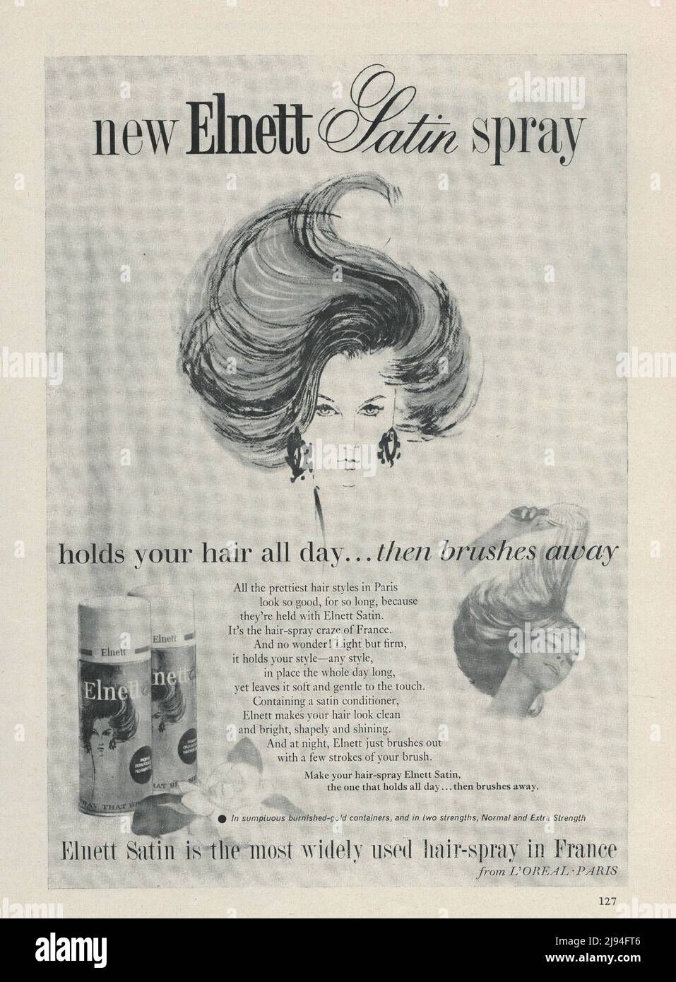 Elnet by Loreal Paris Elnet satin hair spray vintage paper advert 1980s 1970s Foto Stock