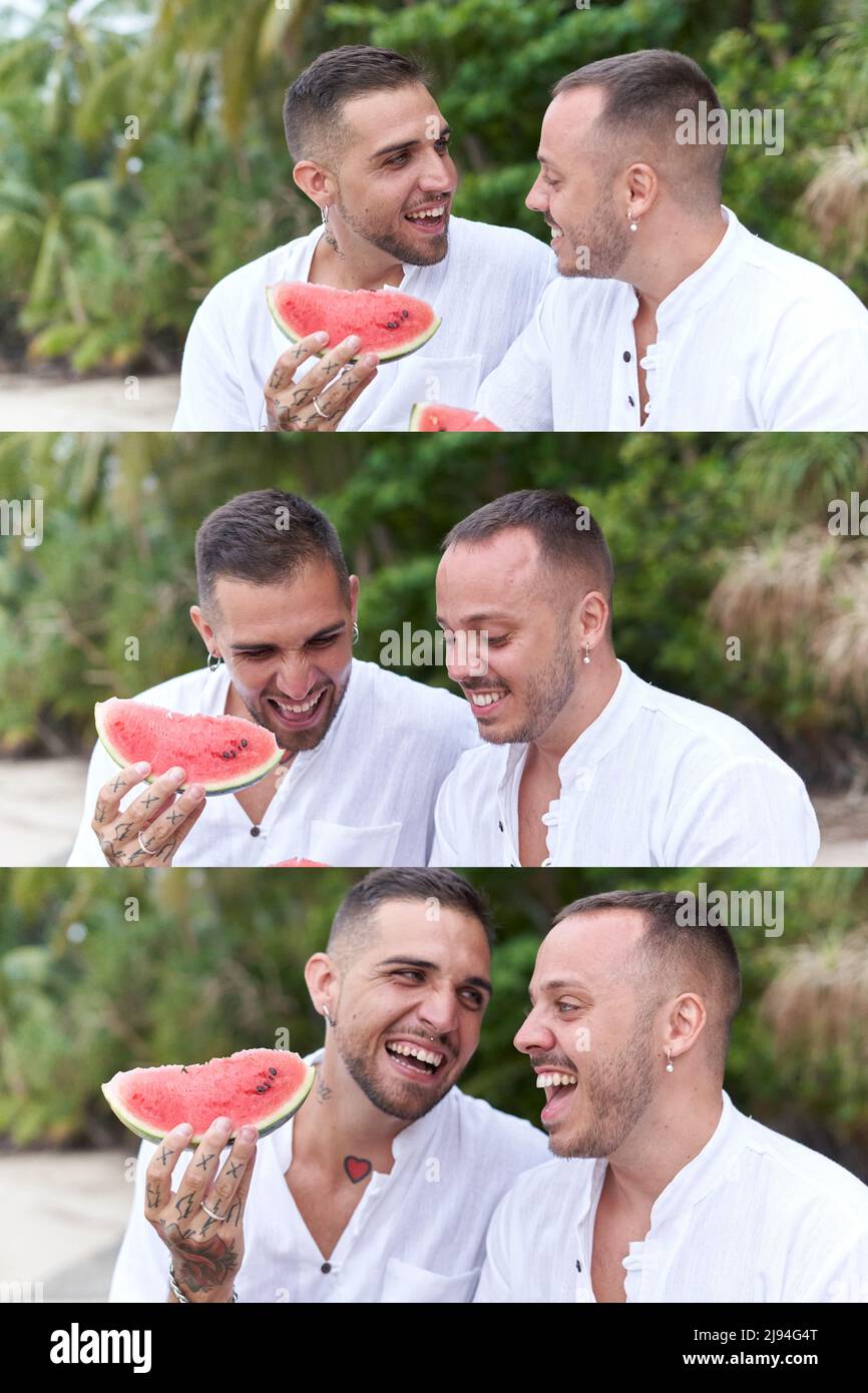 Foto in tre parti di una coppia gay che si diverte mentre si mangia il cocomero all'aperto Foto Stock
