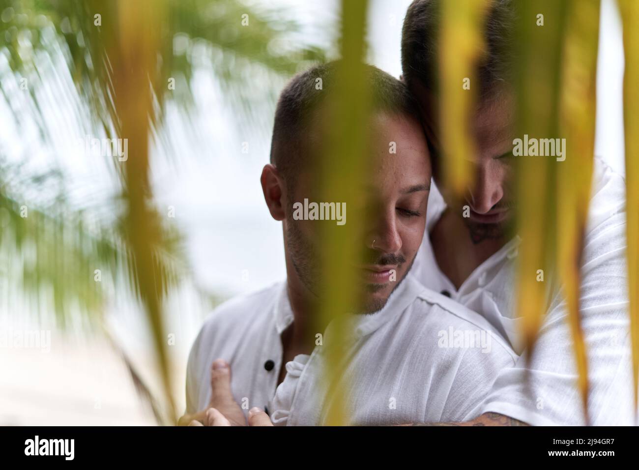 Gayl coppia coccolare teneramente nelle foglie di un albero tropicale Foto Stock