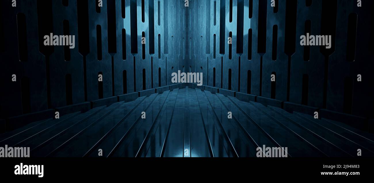 Futuristica fantascienza Cyber Hall Studio Cyber Future Stage Corridor illuminato Blu Turchese Banner sfondo con spazio per i prodotti 3D rendering Foto Stock