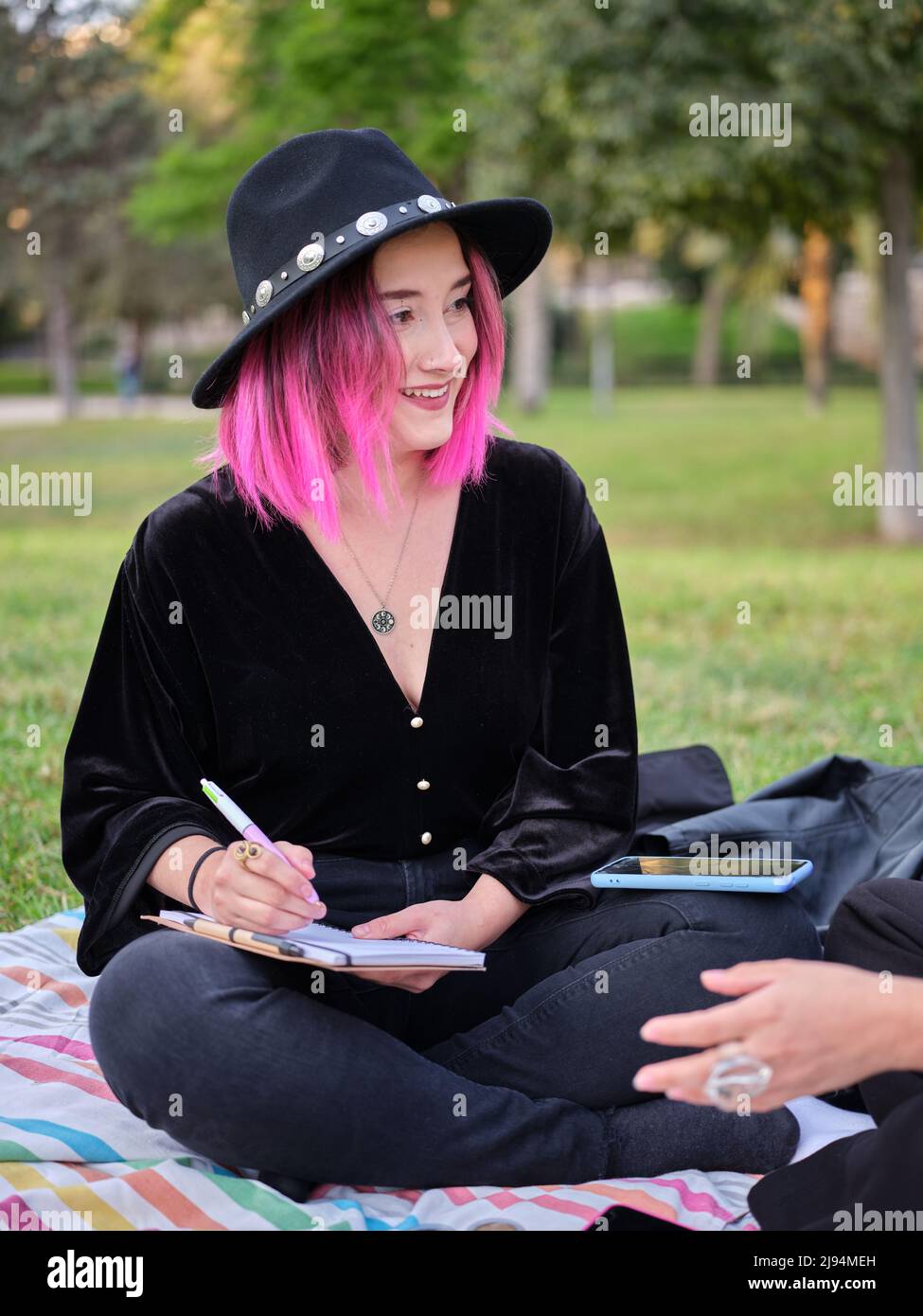 ragazza sorridente con capelli rosa e cappello seduto nel parco iscritto nel suo notebook Foto Stock