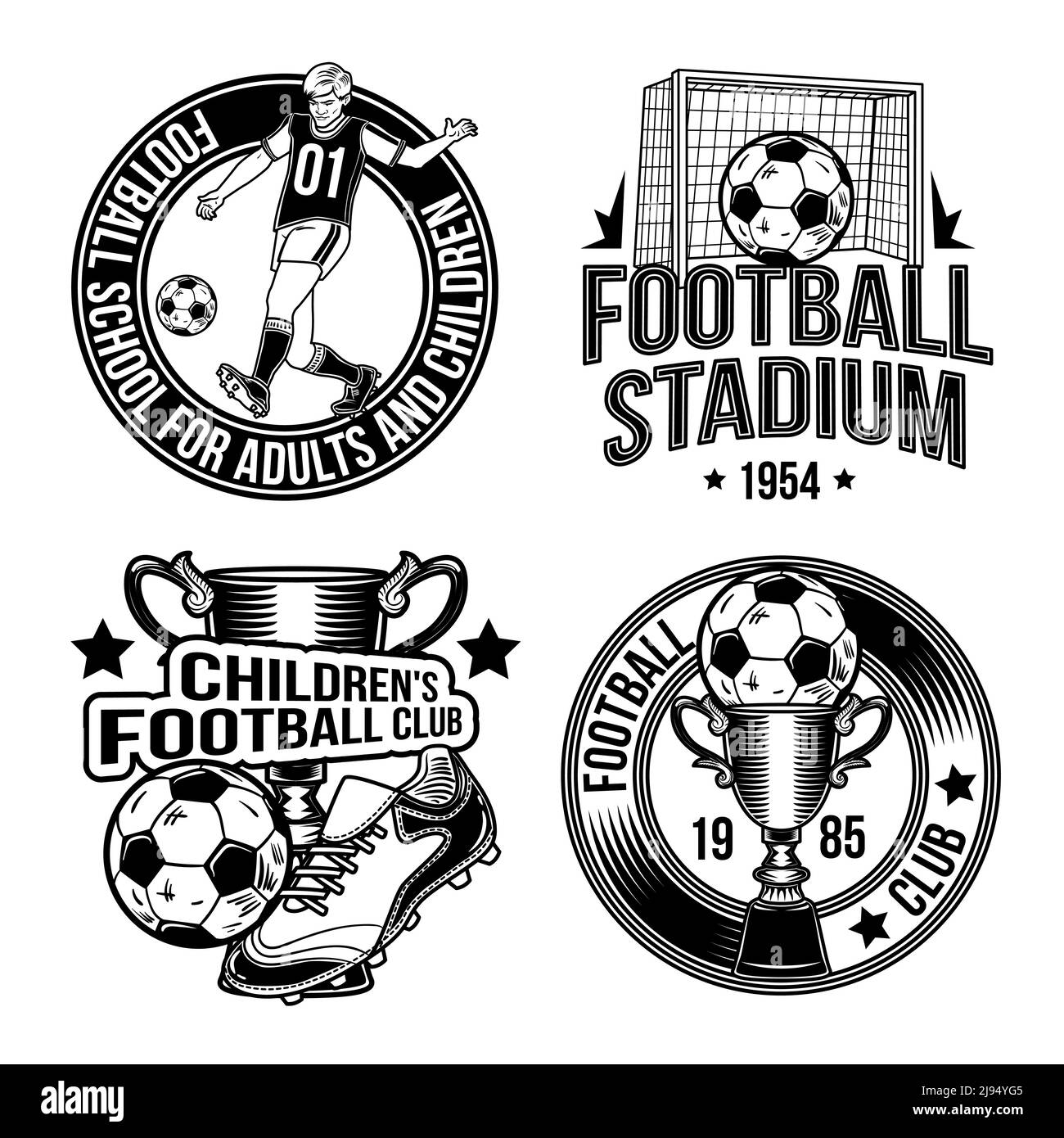 Set di emblemi da calcio, etichette, badge, loghi. Isolato su bianco. Illustrazione Vettoriale