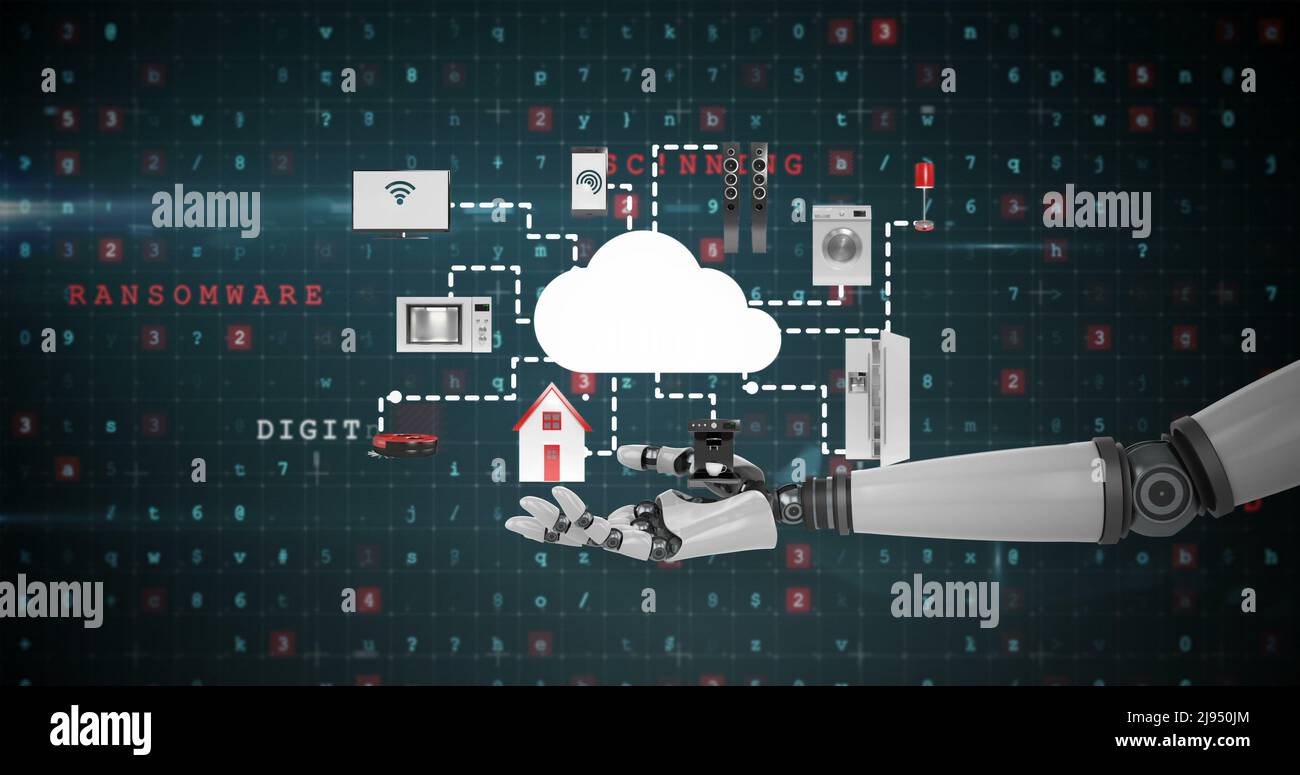 Mano robotica che presenta il simbolo del cloud digitale circondato da icone di elettrodomestici Foto Stock