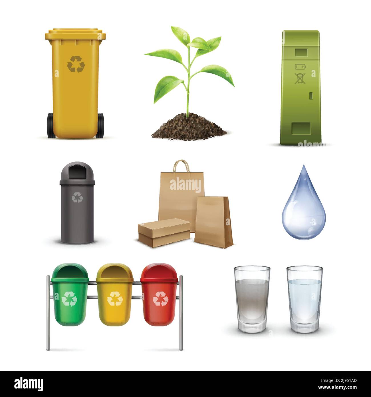 Set di contenitori per il riciclaggio per lo smistamento dei rifiuti, gocce d'acqua pulite, sacchetti di carta per germogli e kraft isolati su sfondo bianco Illustrazione Vettoriale