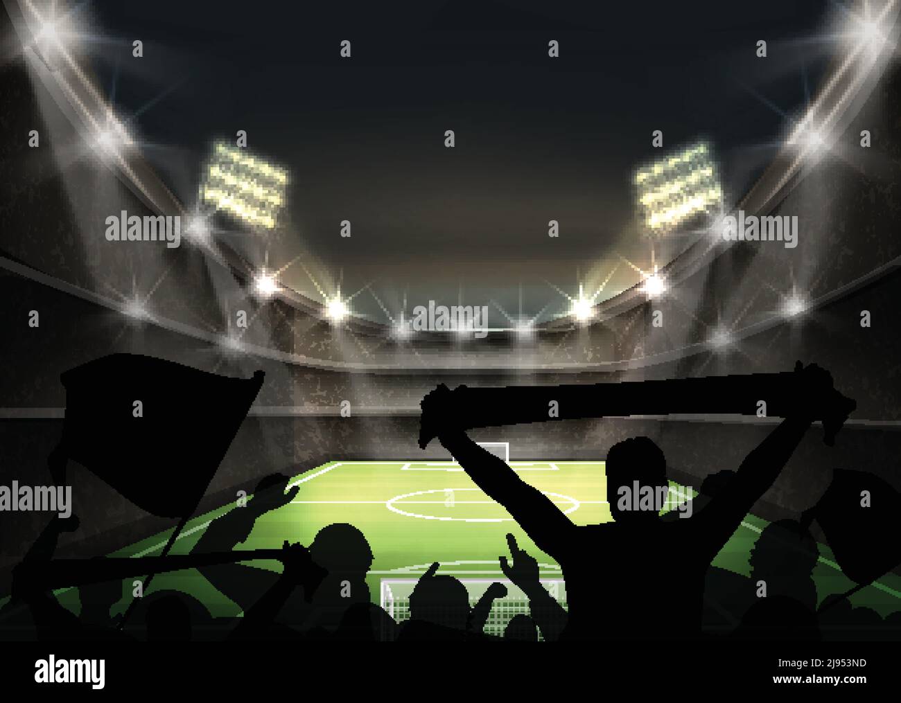 L'illustrazione vettoriale dello stadio con il riflettore luminoso illumina il calcio verde silhouette per il campo e per i tifosi Illustrazione Vettoriale