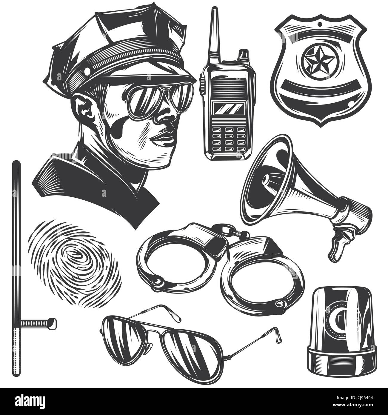 Set di elementi di polizia per la creazione di badge, loghi, etichette, poster, ecc. isolati su bianco. Illustrazione Vettoriale