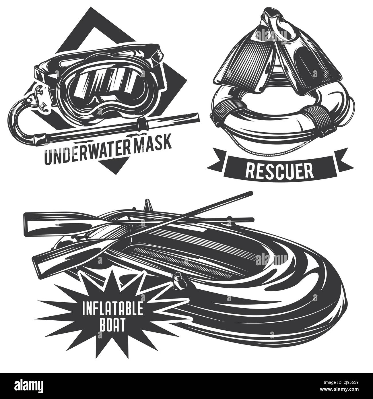 Set di emblemi, etichette, badge, loghi per immersioni subacquee. Isolato su bianco Illustrazione Vettoriale