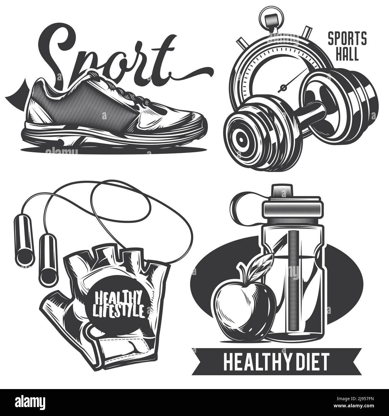Set di emblemi sportivi, etichette, badge, loghi. Isolato su bianco Illustrazione Vettoriale