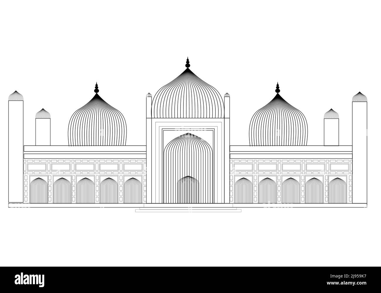 Badshahi Mosque, Line Art, Vector, bianco e nero, Outline City Landmark, Pakistan Illustrazione Vettoriale