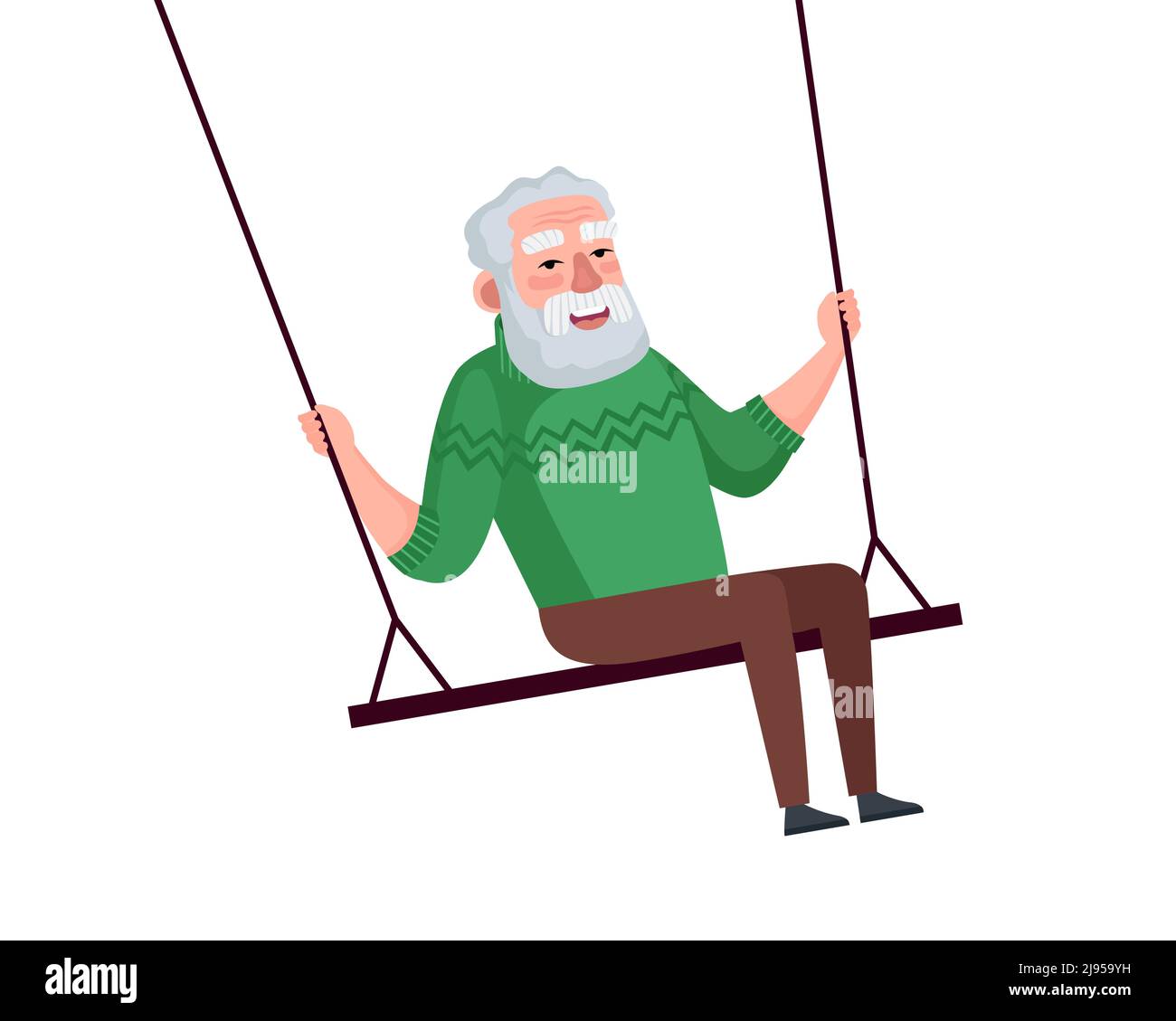 Sorridente nonno oscillante. Felice anziano maschio rilassarsi e cavalcare sul swing. L'uomo anziano ha divertimento sui bambini seesaw. Vettore vecchio nonno sensazione di libertà e felicità illustrazione eps Illustrazione Vettoriale